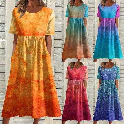 Damen-Freizeitkleider, bedruckte Kleider, Sommerkleider, bedruckt, plissiert, Rundhals-Midi-Kleider, Basic, klassisch, Outdoor, täglich, kurzärmelig, lockere Kleider