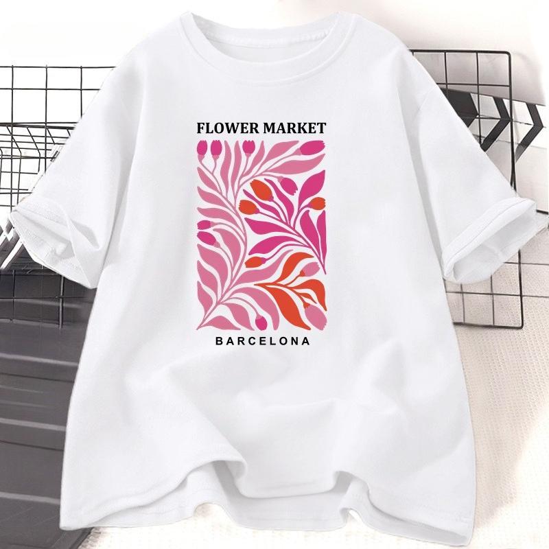 

Flower Market Barcelona Tshirt Women Cotton Flower Tshirt Casual Short Sleeve Round Neck Summer Graphic T Shirts Clothes Tops 4XL