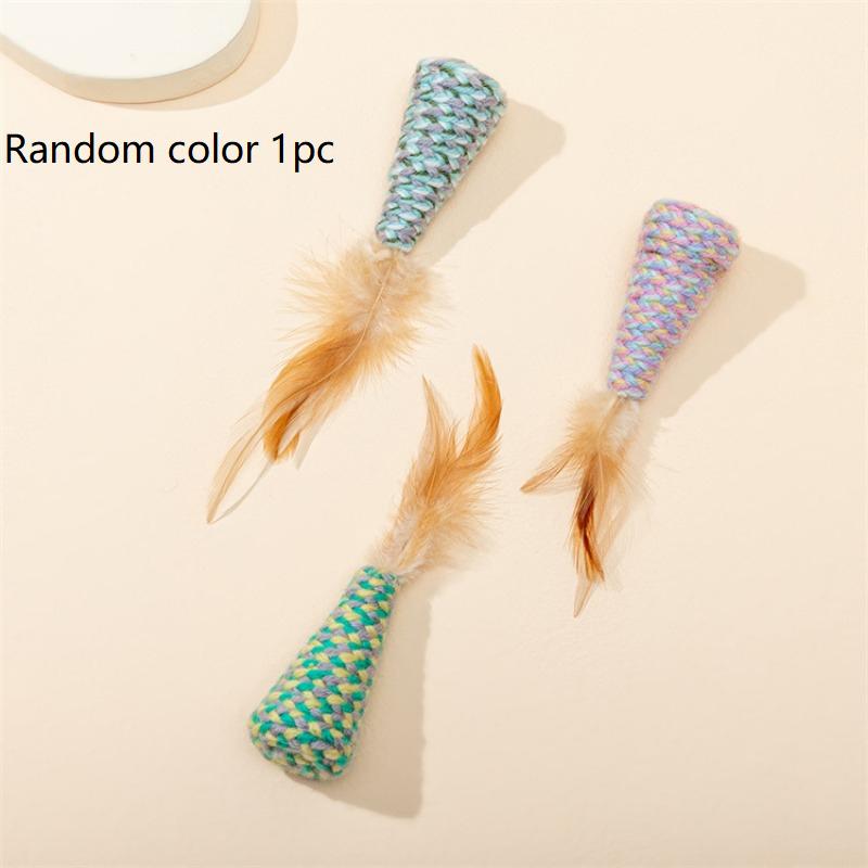 Random Color Rope Woven Cat Toy with Feather, Interactive Kitten Chew Teaser Toy, Pet Play Toy for Cats Gift 1pc Random color 1pc