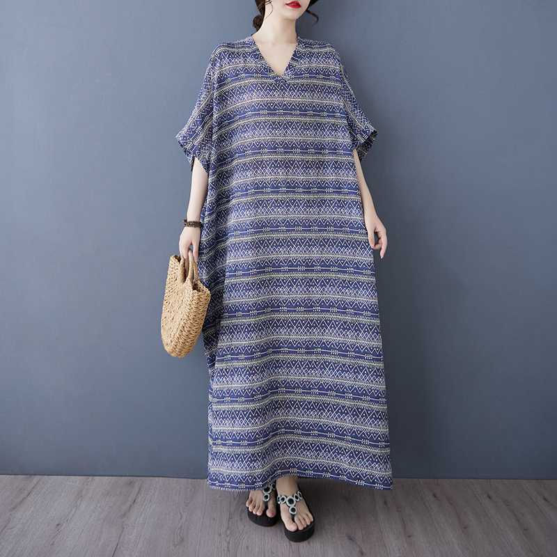 Summer Color Vacation Style Tourism V-neck Retro Long Skirt Cotton Linen Dress
