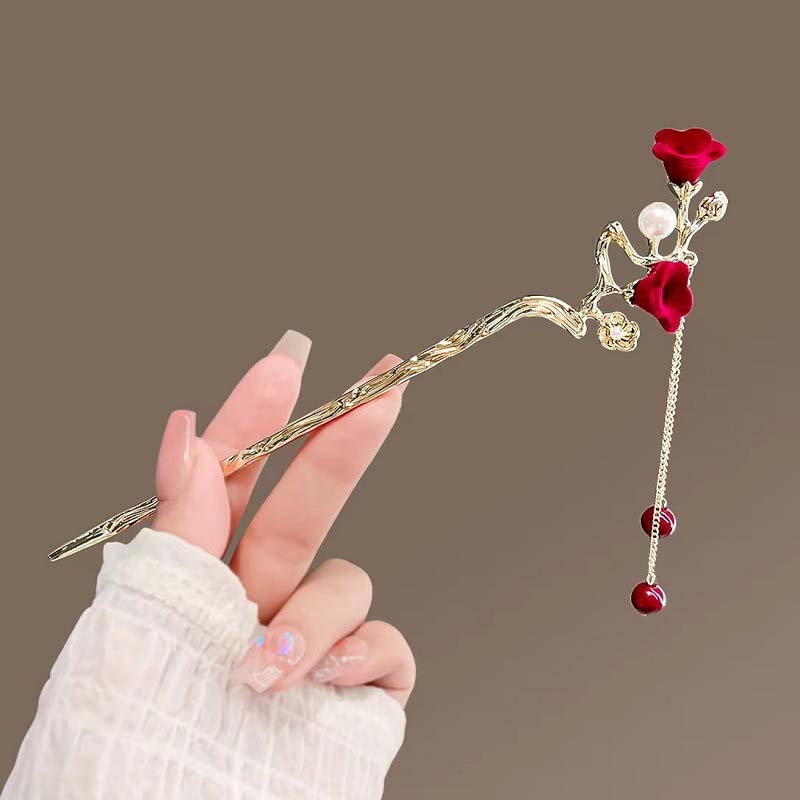 Retro Rose Hairpin For Women Chinese Style Tassel Hair Stick Pins Hair Clips Flower Handmade Hairpins Valentine's Day Headwear