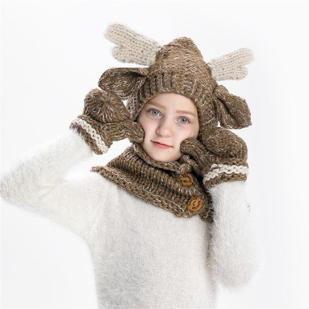 Winter new children's wool gloves, hats, men's and women's scarves, elk horns, European and American two-piece children's clothing