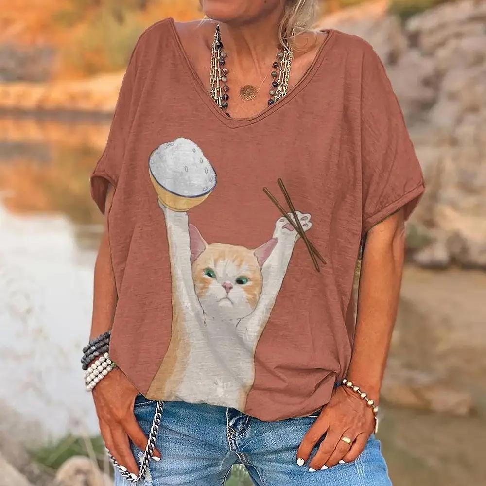Summer Women Funny Cartoon Cat T-shirt Fashion V-Neck Tops Tees Female Casual Short Sleeve Clothing Ladies Vintage Outfit