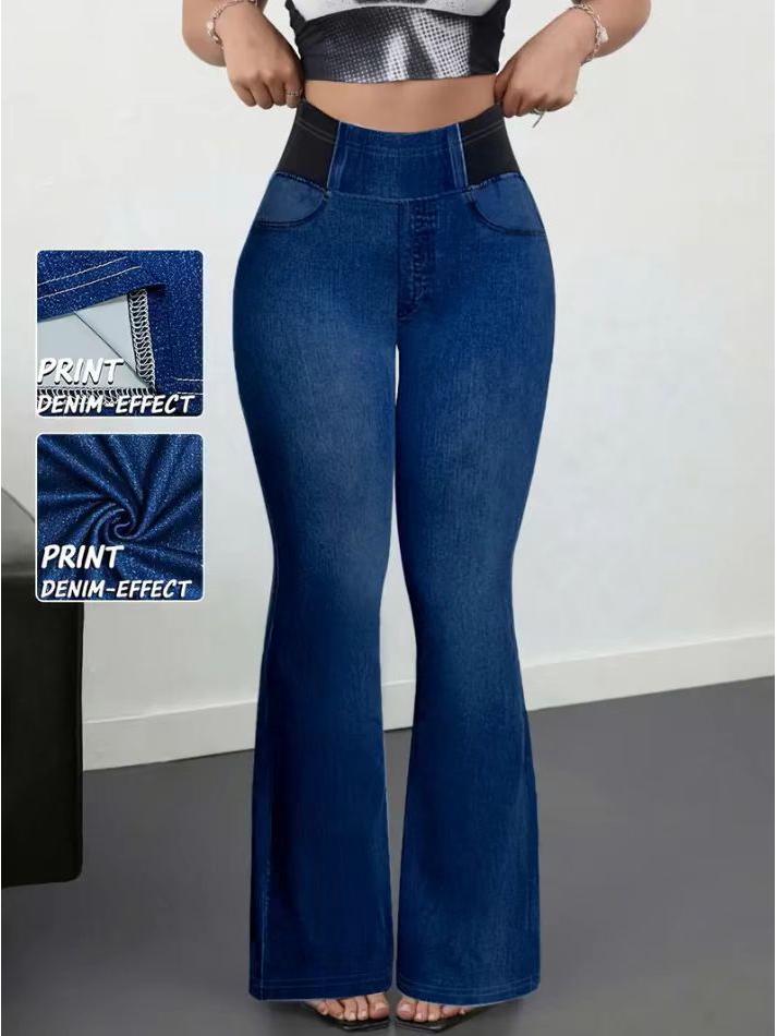 

High-Waisted Stretchy Slim-Fit Faux Denim Print Micro-Flare Pants for Women Double Extra Large темно-синий