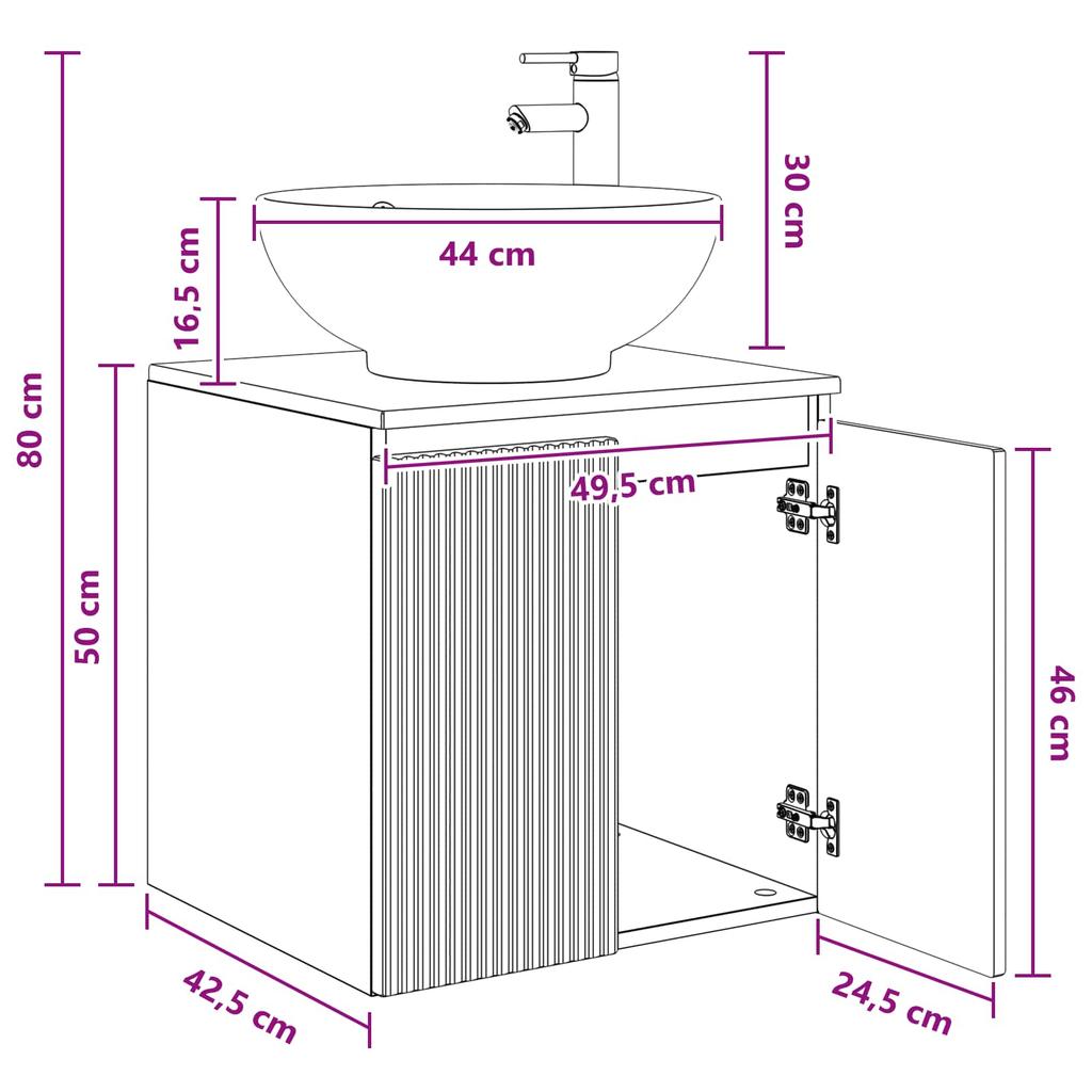 Wall Mounted Washbasin Vanity in Grey Sonoma 49.5 x 44.5 x 65 cm