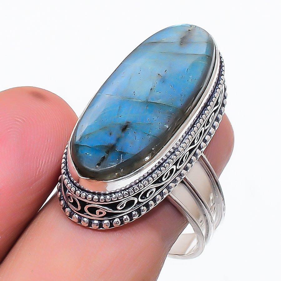 Natural Labradorite Gemstone 925 Sterling Silver Jewelry Ring Size 10 E8d38