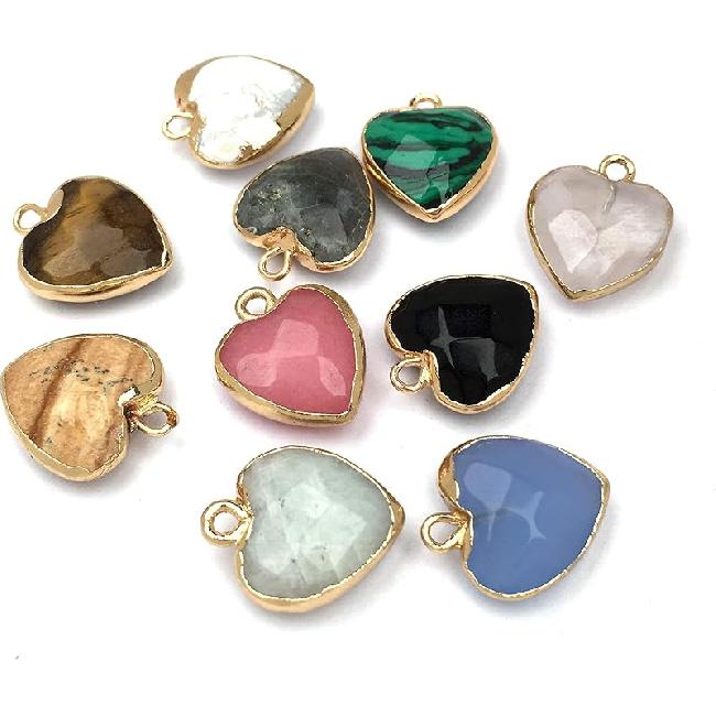 QSLLER 8 PCS Heart Shaped Natural Stone Pendants Healing Chakra Reiki Love Stone Charm Bulk for Jewelry Making