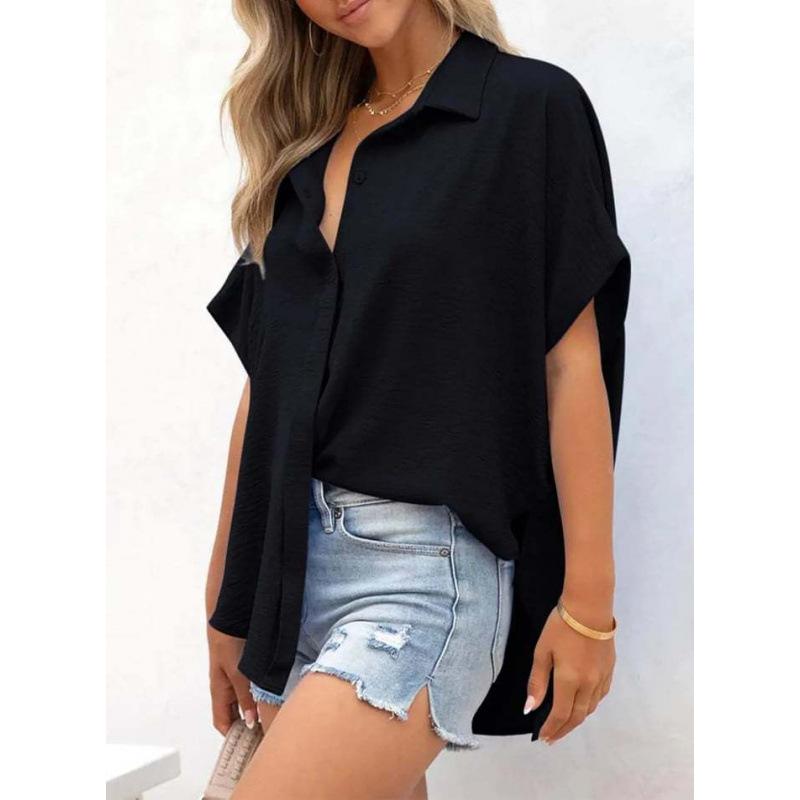 Women S Solid Color Short Sleeve Button Down Casual Shirt S чёрный