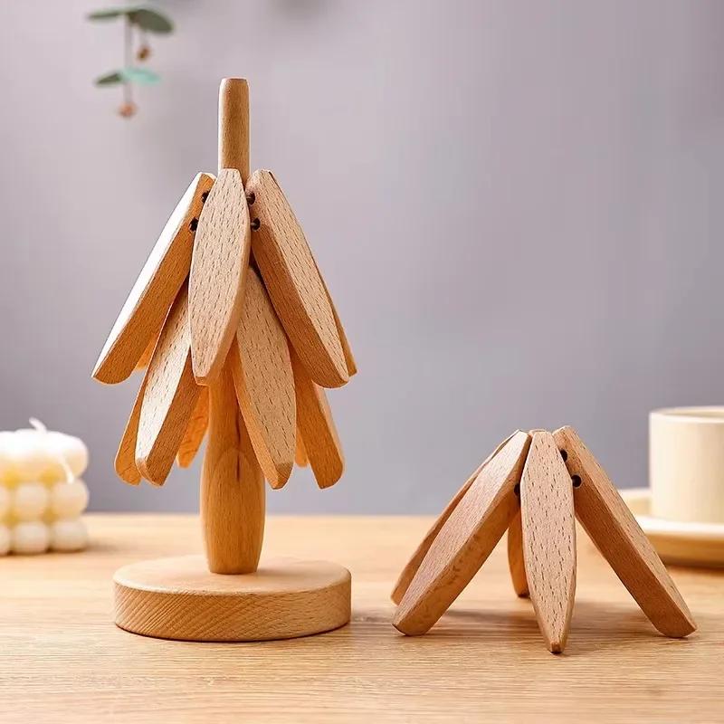 Hot Dish Wooden Tripod Decoration Foldable Tree Stand Anti-scalding Heat-resistant Table Mat Wooden Placemat Basin Kitchen Tool