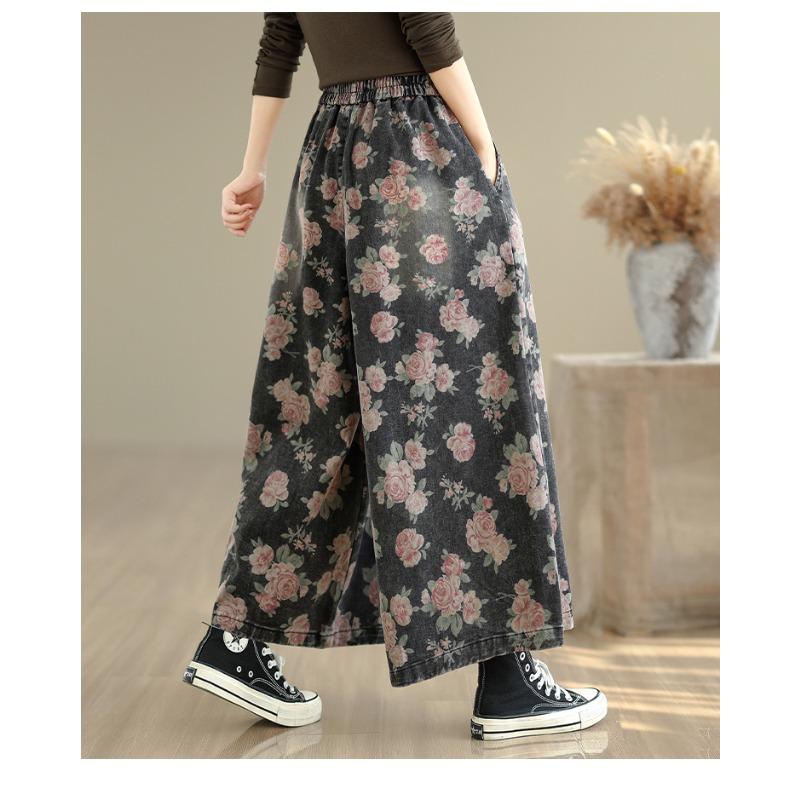 DIMANAF 2025 Plus Size Autumn Jeans New Long Pants Women Loose Denim Trousers Big Size Casual Floral Print