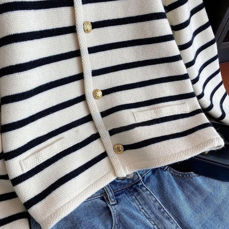 

Women Spring Autumn Sweaters O-Neck Stripe Knitted Cardigan Long Sleeve Casual Short Tops M чёрный