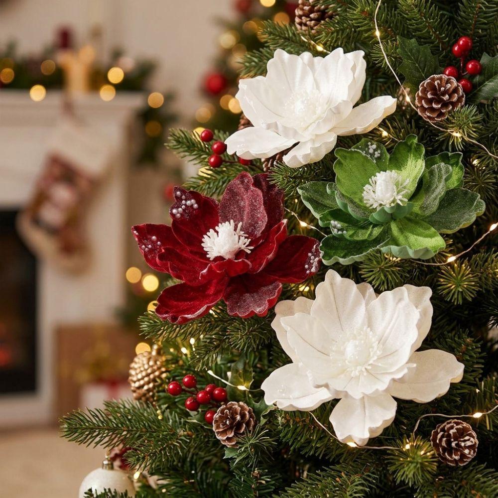 Lifelike Artificial Poinsettia Picks Sequin Fake Christmas Flowers New Year Decor