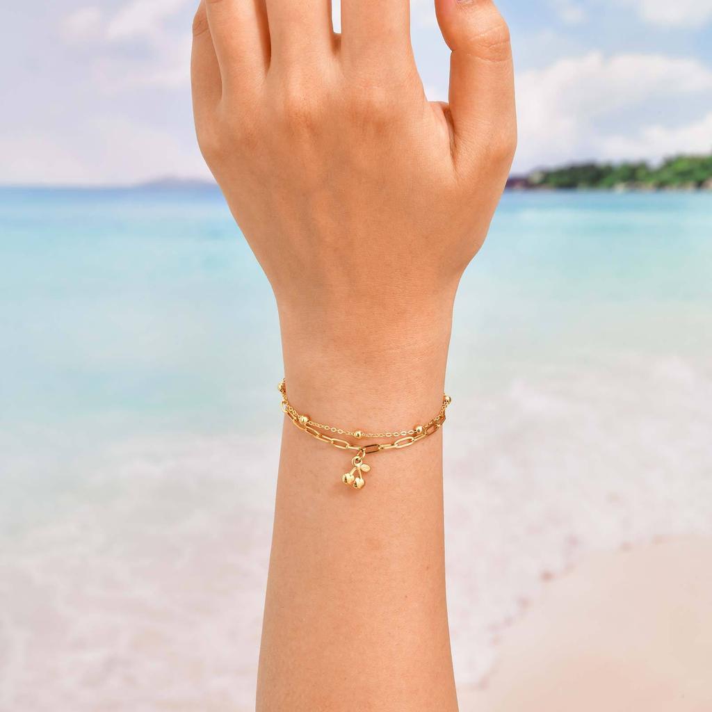 Wind Sweet Girl Stainless Steel Double Cherry Fashion Bracelet 18K Gold, Accessories Br-2575