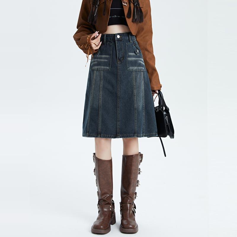 

Плюс размер женская джинсовая юбка весна осень винтажная уличная свободная А-силуэт средней длины юбка повседневная одежда Y2K L синий