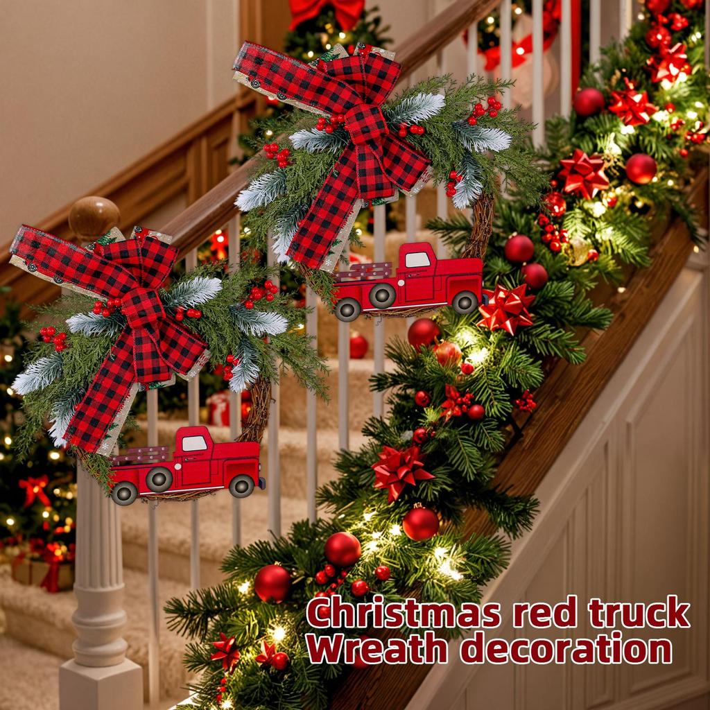 Christmas Wreath, Red Truck Plaid Wreath, Front Door Wreath Decoration