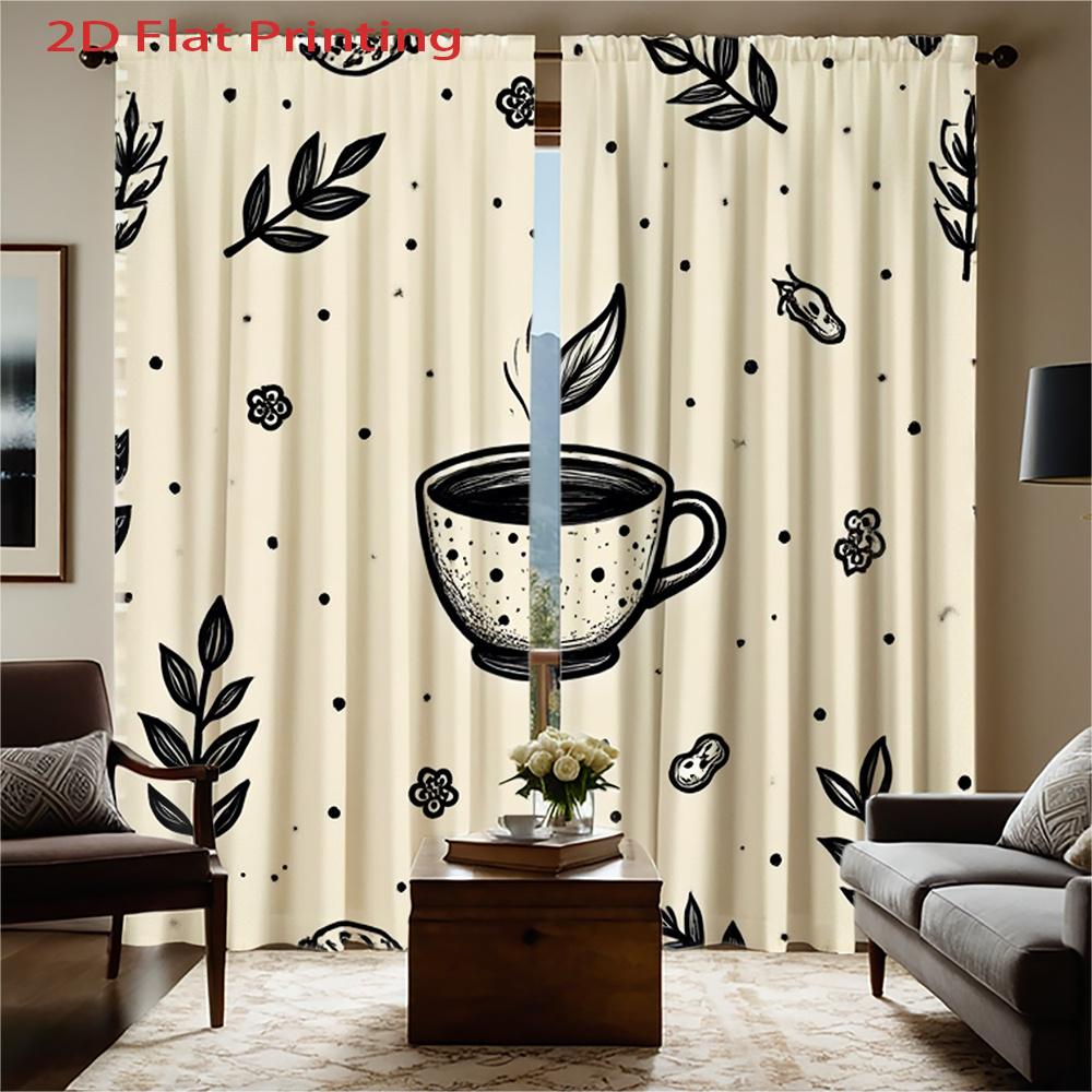 2D Flat   2pcs 2D Flat Printing Curtains   Coffee Cup Leaf Floral Pattern Dot Print Rod Pocket Velvet Fabric Window Drapes for Hom