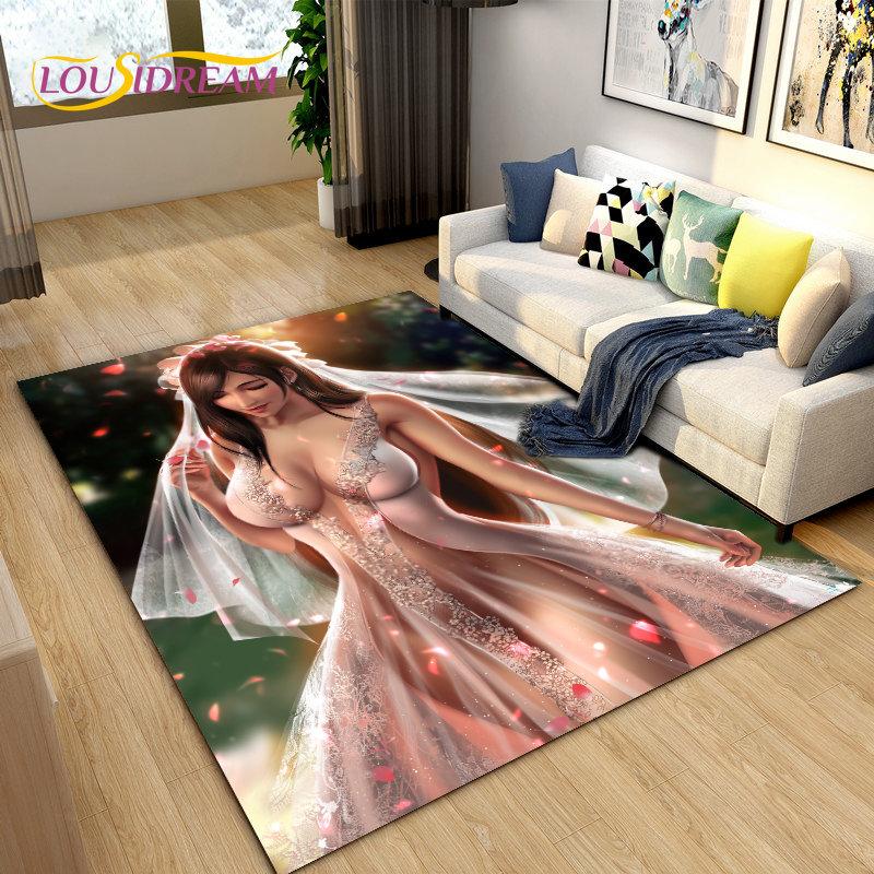 Sexy Girl Lace Tifa Aerith Anime Area Rug,Carpet Rug for Living Room Bedroom Sofa Doormat Decoration, Kids Non-slip Floor Mat 3D