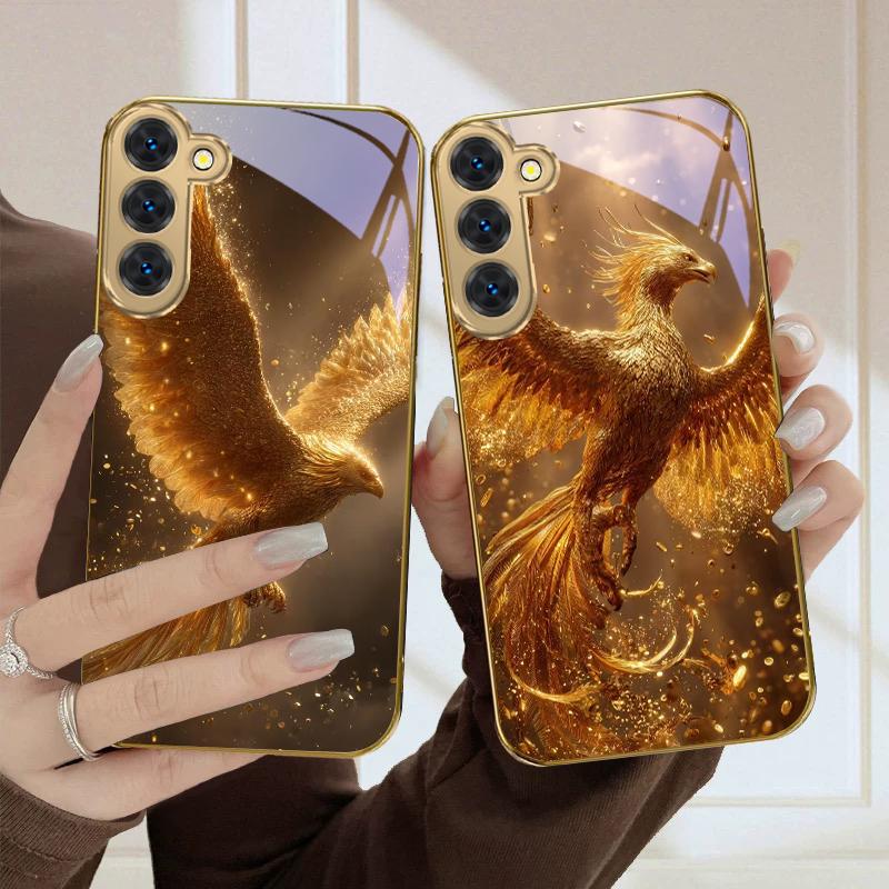 The Golden Phoenix For Samsung Galaxy S20 FE S21 S22 Ultra 23 Plus 24 Ultra 25Ultra S21+ S9+ 22Plus Golden Glass Phone Case
