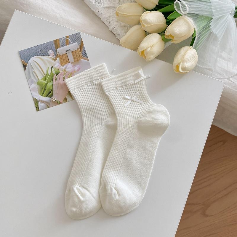 Mesh Breathable And Standardized Double Bow Solid Color Short Socks For Women Versatile White Thin Women'S Socks