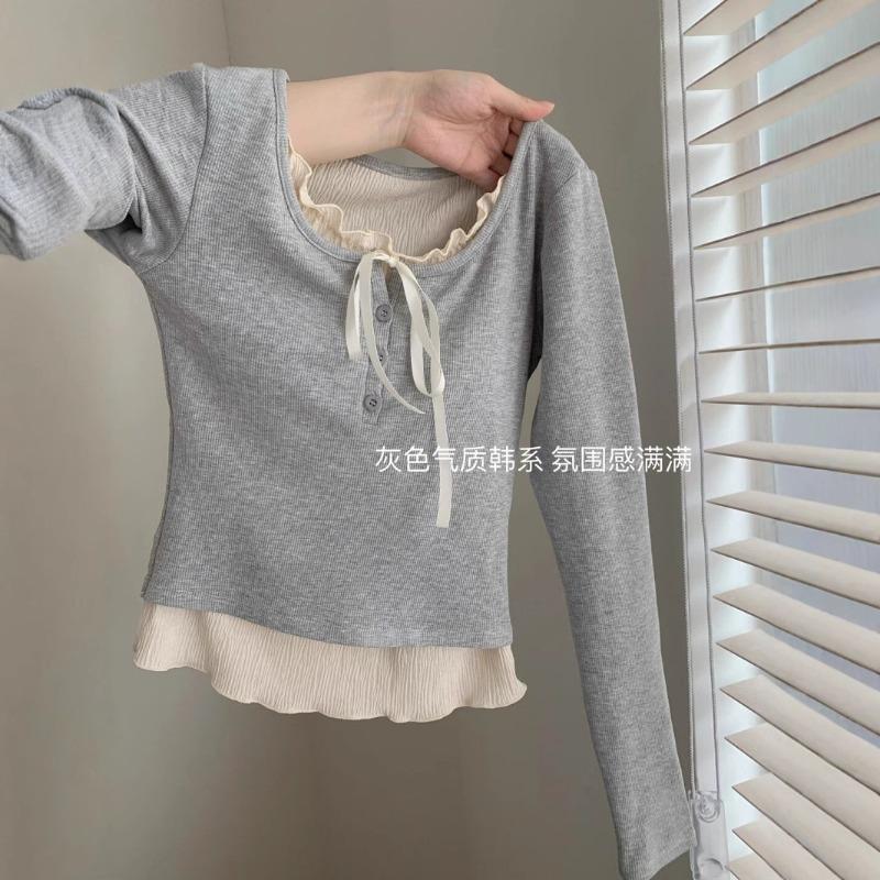 

Women s Early Spring Ballet Style Pure Desire Long-sleeved Top with Bottoming Shirt for Autumn Clothing Slim and Chic S серый