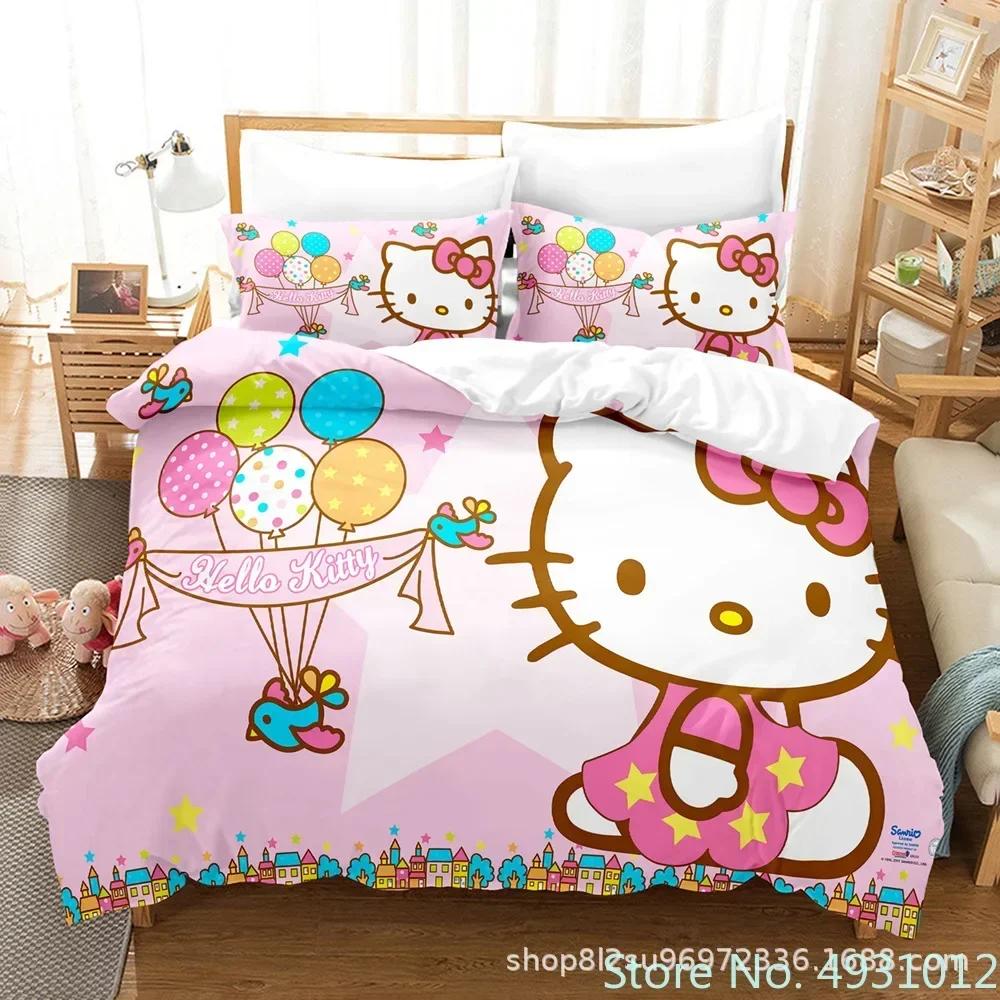 Cute Hello Kitty Colors Bedding Set Pillowcase Japanese Anime Bedclothes 3D Printed Quilt Cover Duvet Cover Baby Kids Child Gift