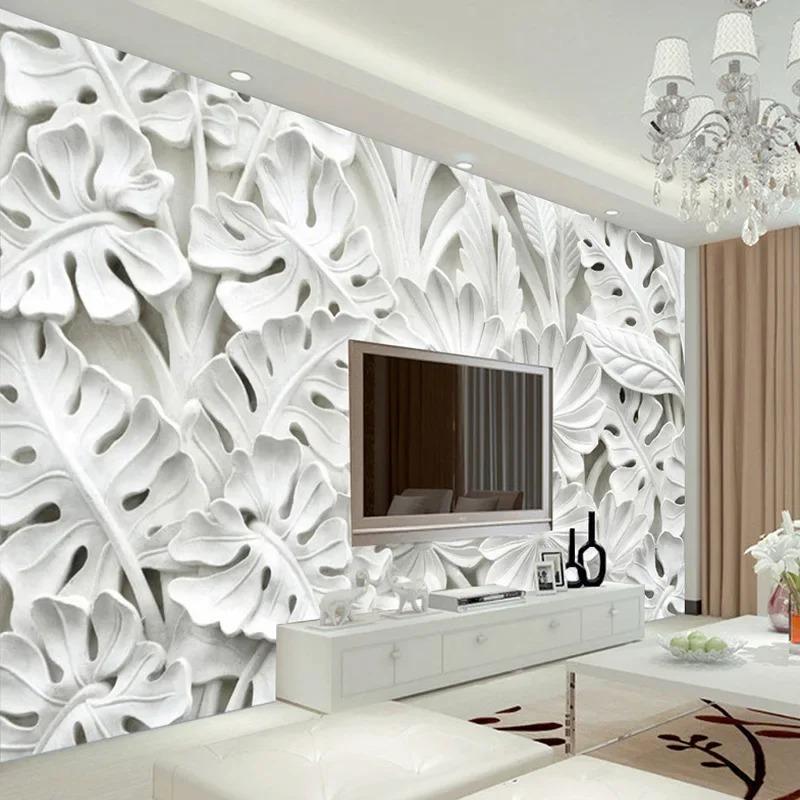 3D Stereo Leaf Pattern Plaster Relief Custom Mural Wall Paper Living Room TV Background Wall Painting Wallpaper Home Decoration