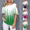 T-shirt Women Loose Comfort Top Leaves Floral Print O Neck Short Sleeve Cold Shoulder EMA