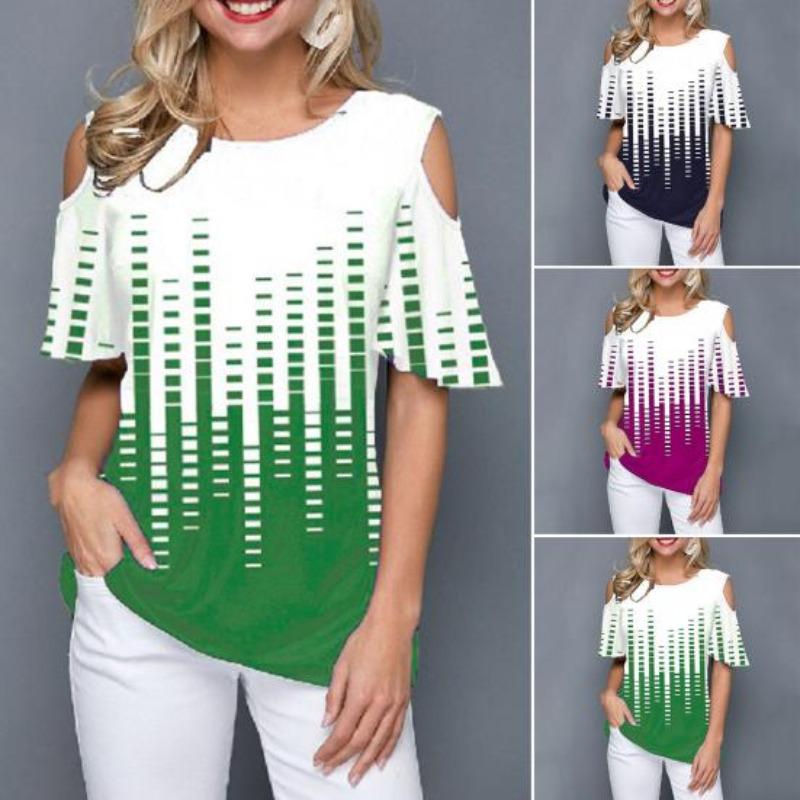 T-shirt Women Loose Comfort Top Leaves Floral Print O Neck Short Sleeve Cold Shoulder EMA