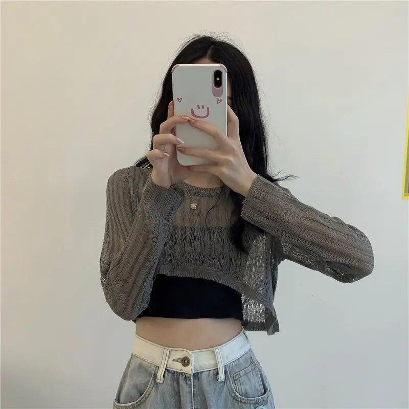 Long Sleeved Hollow Knit Sunscreen Blouse Slim Thin Pullover Women's Crop Top Simple Casual Commuting Spring Summer