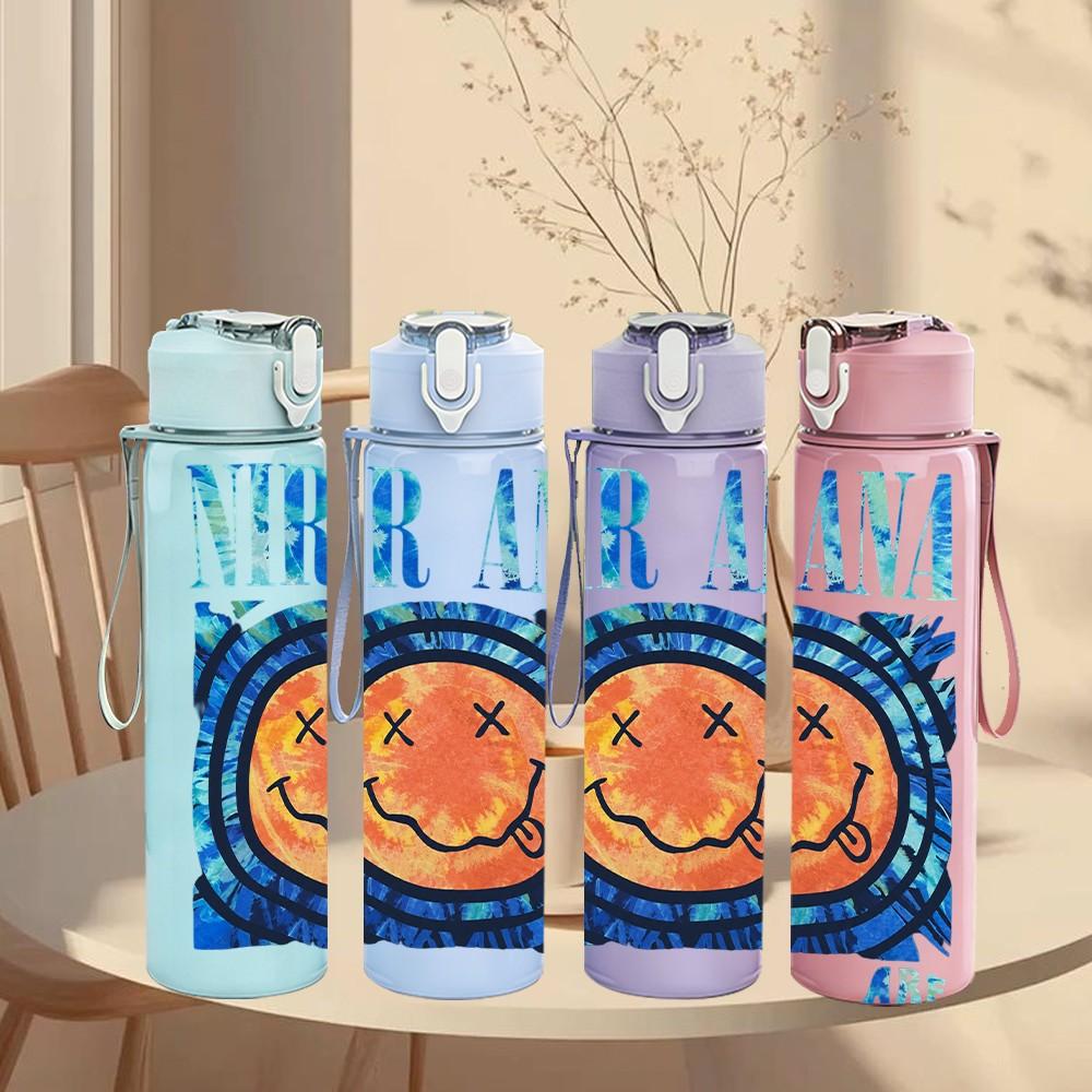 1PC Nirvana Blue Smiley Face 750ml sports water bottle leakproof straw lid outdoor office home