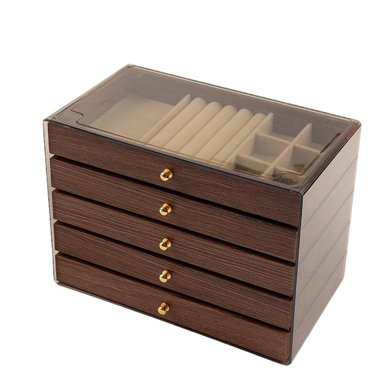 Lyxig flerlagers smyckeskrin med träådring för örhängen, ringar, halsband och armband - Stor kapacitet skrivbordsorganisatör