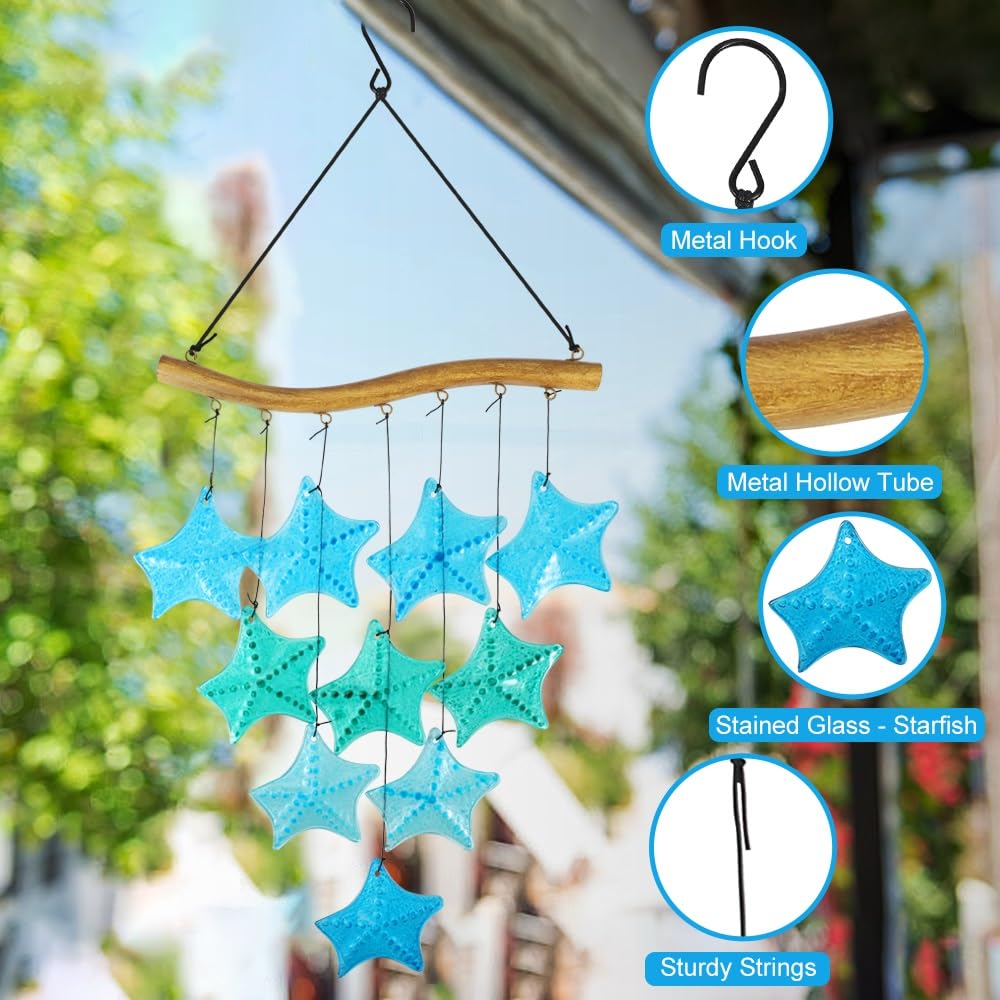 Vindar Sea Glass Wind Chime for Outdoor Unique Blue Starfish Glass Wind Garden or Backyard Memorial Wind Christmas Gift for Grandmother or Birthday