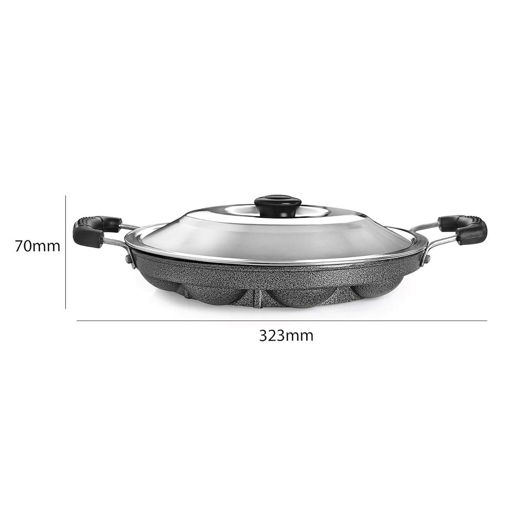 CELLO Non Stick Appam Patra Pan For Quick Healthy Cooking With 12 Cavity And Steel Lid Easy Clean Gold Black Design