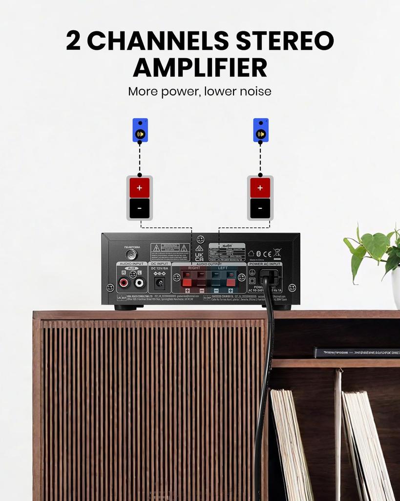 Moukey Amplifier Home Bluetooth Through Stereo Fully Functional Remote 2 Microphone 300W Peak MAMP3 Audio, 5.3 2.0 Receiver, Control, FM, RCA, USB,