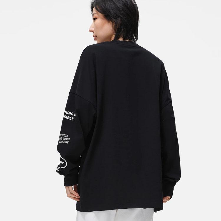 Li-Ning Letter Logo Print Crew Neck Long Sleeve T-Shirt Men Tops Black AHST557-2