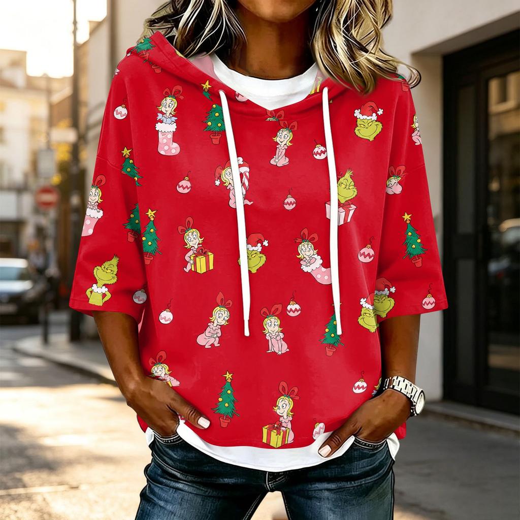 Women's 3/4 Sleeve Hooded Christmas Character Print T-Shirt, Casual Holiday Top