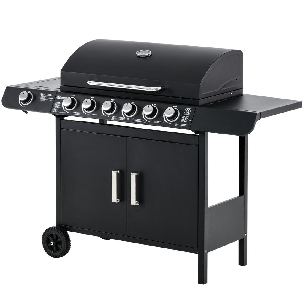 Gas Grill with 7 Burners, Incl. Thermometer, BBQ Grill, Mobile Grill, Black