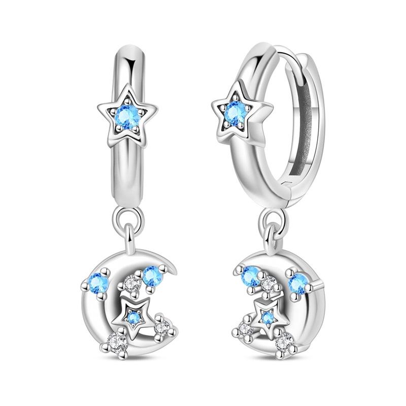 925 Silver Blue Zircon Dreamcatcher Feather Star Moon Cute Claw Hoop Earrings For Women Fine Birthday Jewelry Gifts