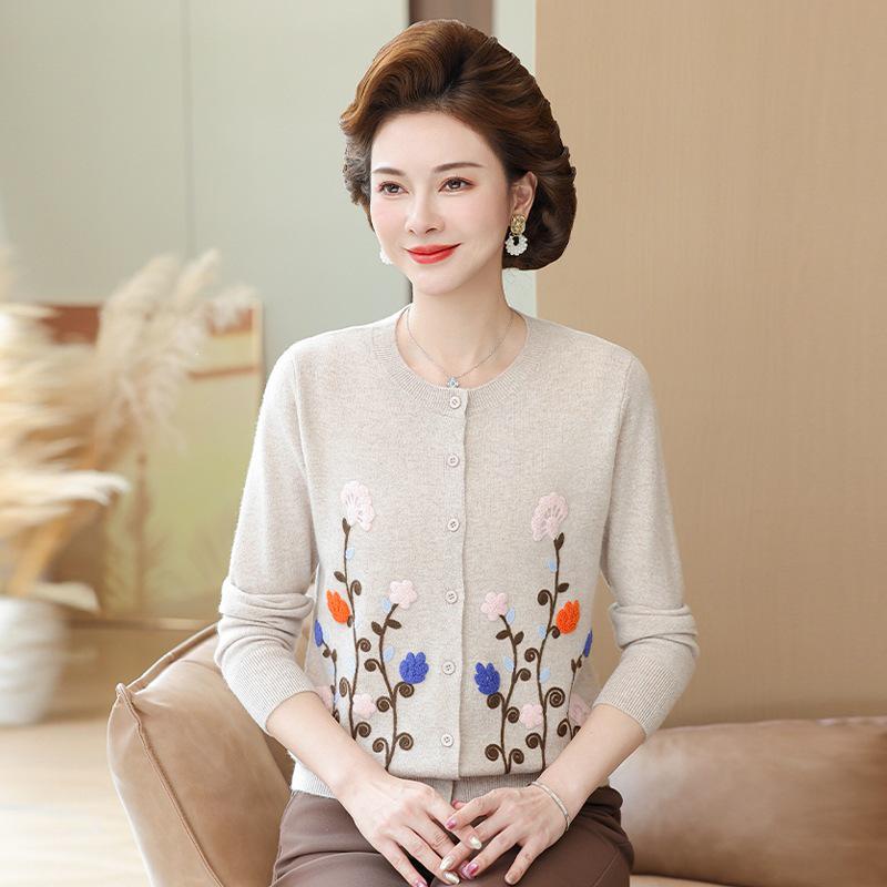 Women's Embroidered Wool Cardigan - Grandma's Warm Round Neck Sweater for Autumn/Winter