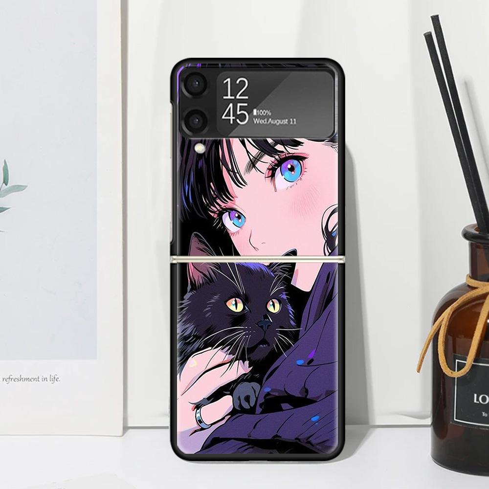 Anime Girls Cute Black Cat Phone Case Cover for Samsung Galaxy Z Flip 7 6 5 4 3 5G Flip3 Flip4 Flip5 ZFlip6 ZFlip7 Black Fundas