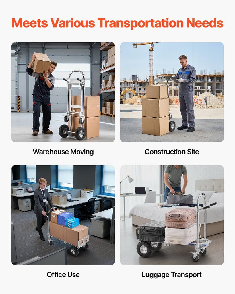 2 In 1 Hand Truck, 453.6 Kg Load Capacity for 4-Wheel Mode, Convertible Hand Truck Dolly with Non-Slip Handle & Wheels, Portable Trolley Dolly for
