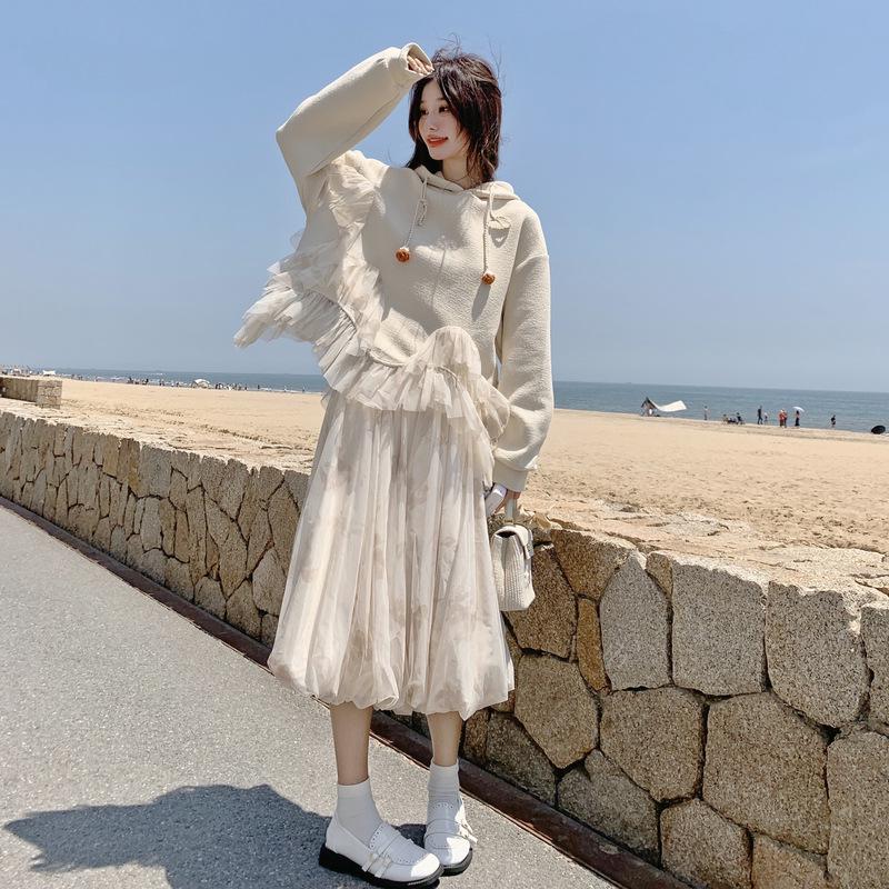 

Women s Spring/Autumn Korean Style Designer Hooded Mesh Sweatshirt & Skirt Set S