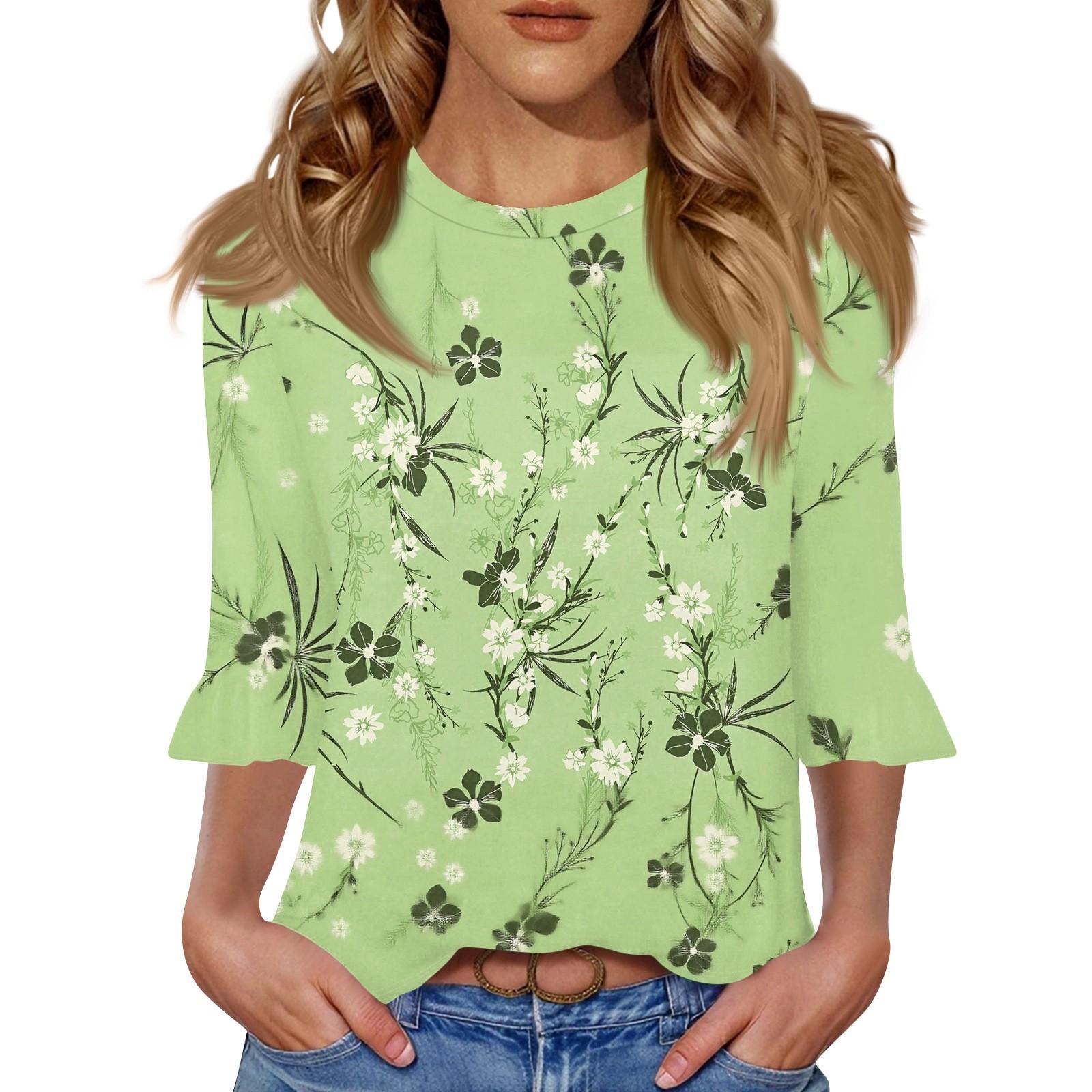 

Women s Casual 3/4 Sleeve Top Summer O-neck Puffy Sleeve T-shirt Top XL зелёный