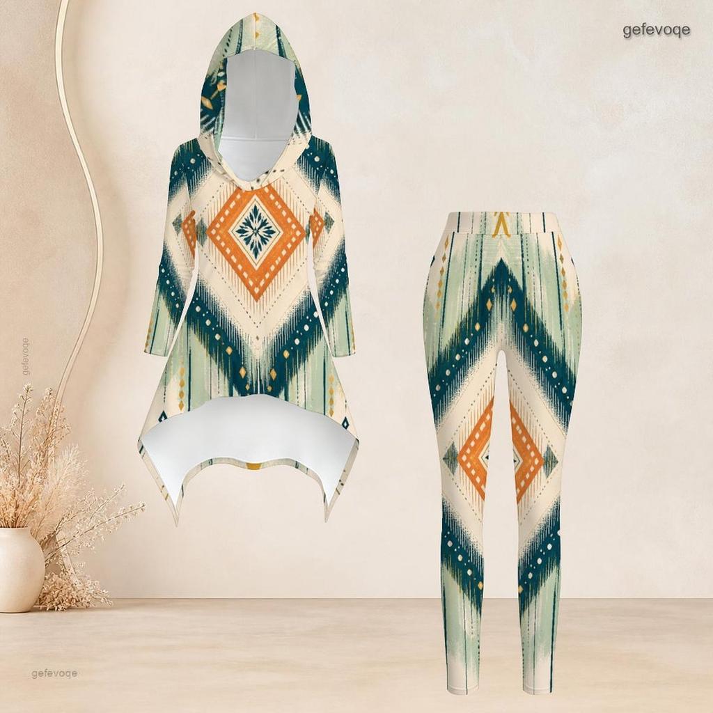 Women Plus Size Hooded Two Piece Set Long Sleeve High Low Printed Top And Fitted Pants