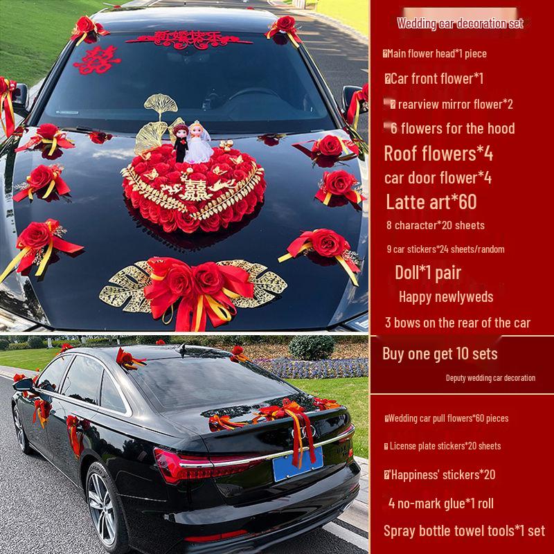 Complete Wedding Car Decoration Set: Front Flower Main Car and Lead Car Arrangement