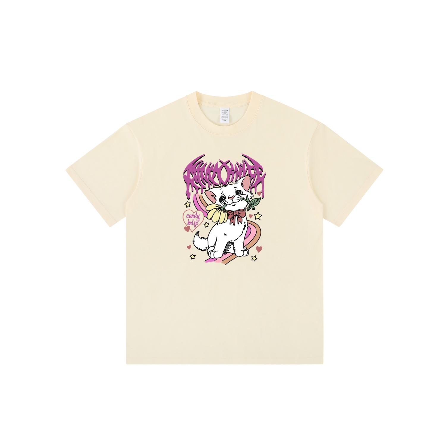 

Unisex 2024 Summer Cotton Cat Print Loose Short Sleeve T-Shirt Medium бежевый