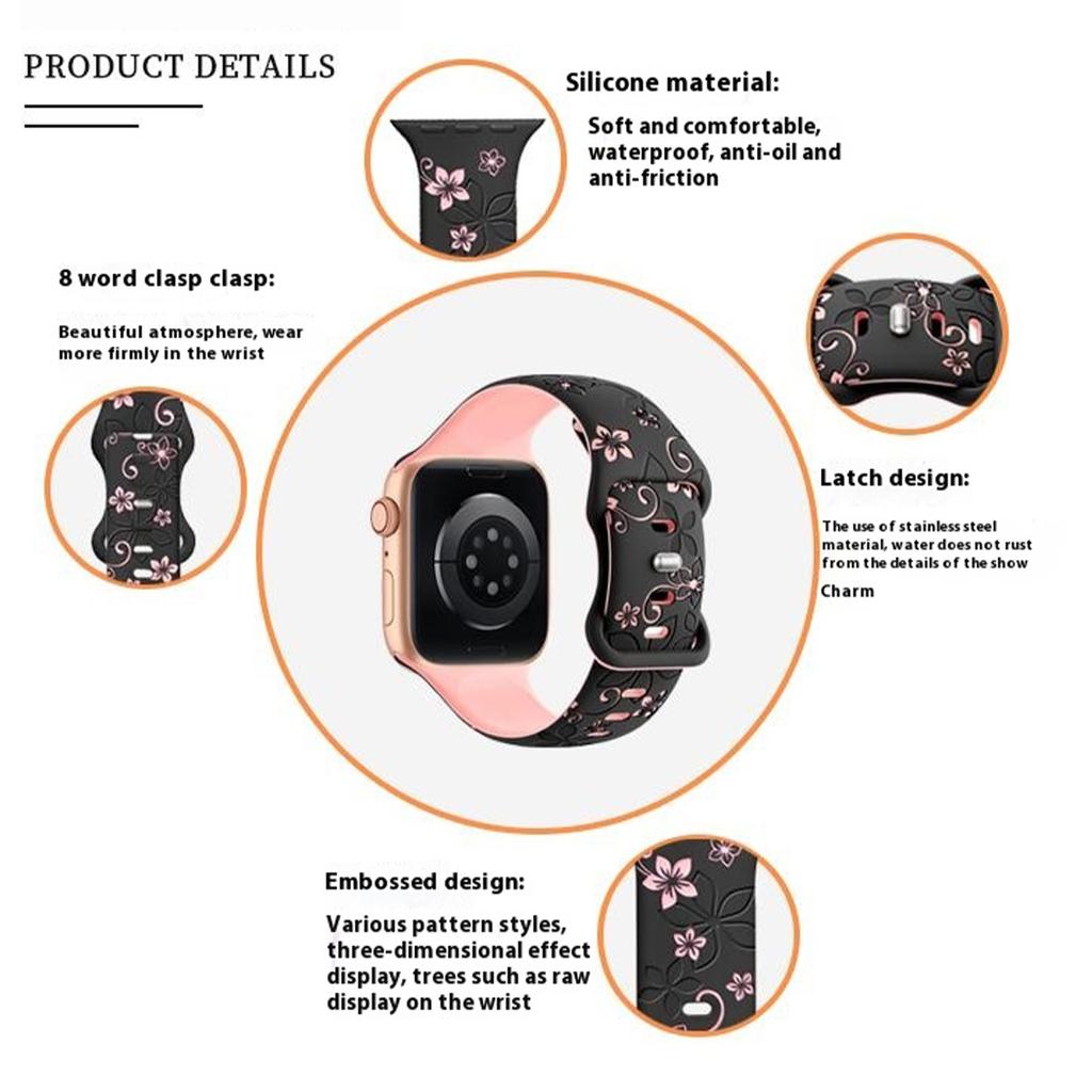 Für Apple Watch 10 46 mm/Ultra 2/Ultra 49 mm/9 8 7 45 mm/SE (2023) SE (2022) SE 6 5 4 44mm/3 2 1 42mm Silikon Floral Band