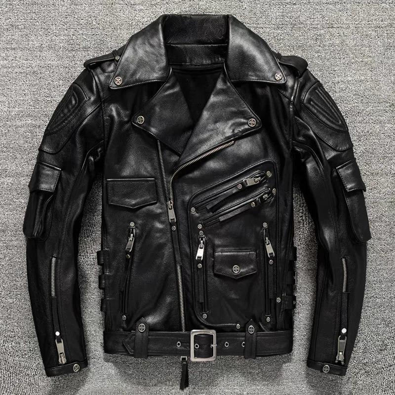 Chinese Size Men's Heavy Motorcycle Jacket Natural Cowhide Leather Top Layer Causal Vintage Retro Moto Suit Leather Coat Winter