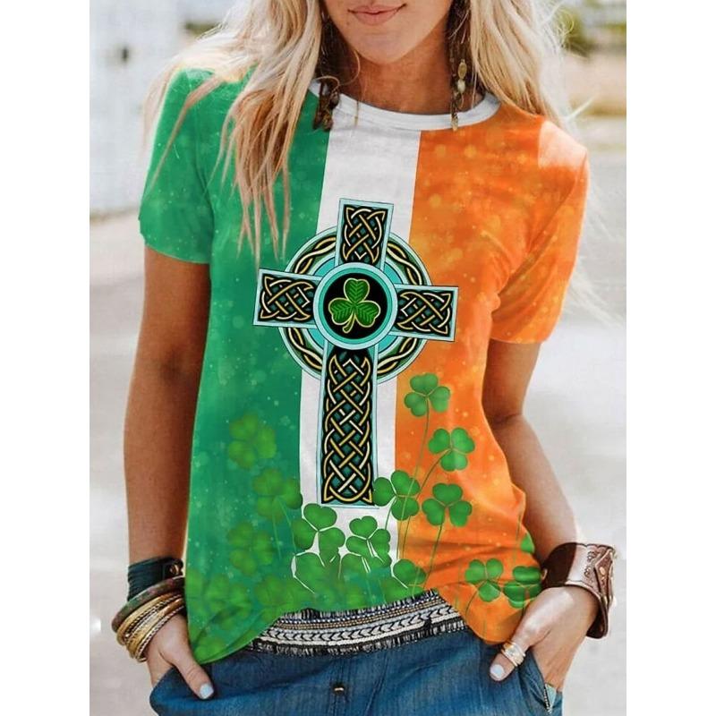 Women's T-shirt - Green Lucky Clover - 3D Printed - Loose Collar - Short Sleeve - T-Shirt - Women's Clothing