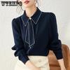 Autumn and Winter Women's Shirt with A Bow New Design Long Sleeved Temperament Chiffon Shirt Base Top